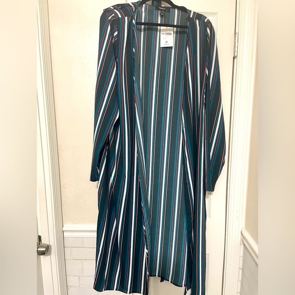 BRAND NEW Forever 21 Green, Peach, and White Duster w/ Tie Front
